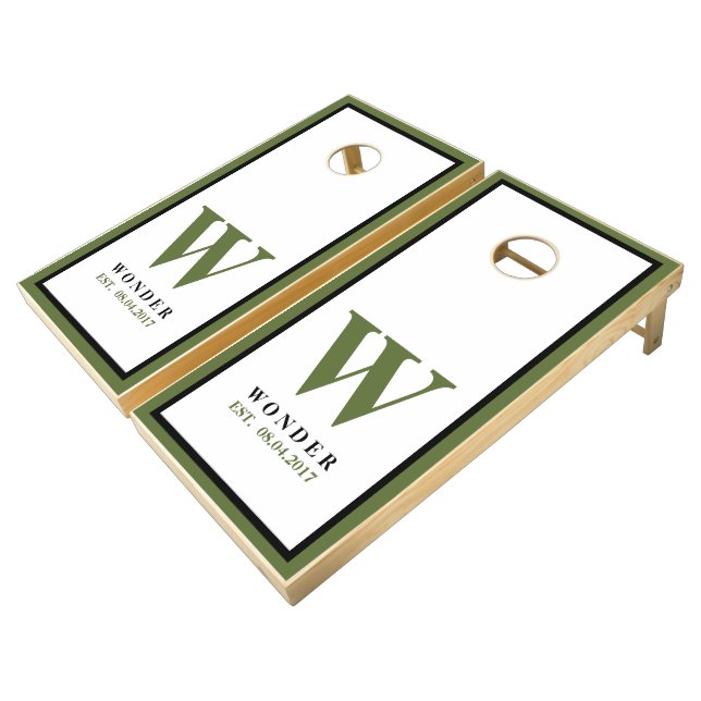 Wedding Newly Wed Monogram dark desaturated green Cornhole Set (Angled)