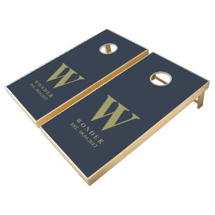 Wedding Newly Wed Monogram navy gold modern Cornhole Set