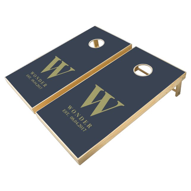 Wedding Newly Wed Monogram navy gold modern Cornhole Set (Angled)