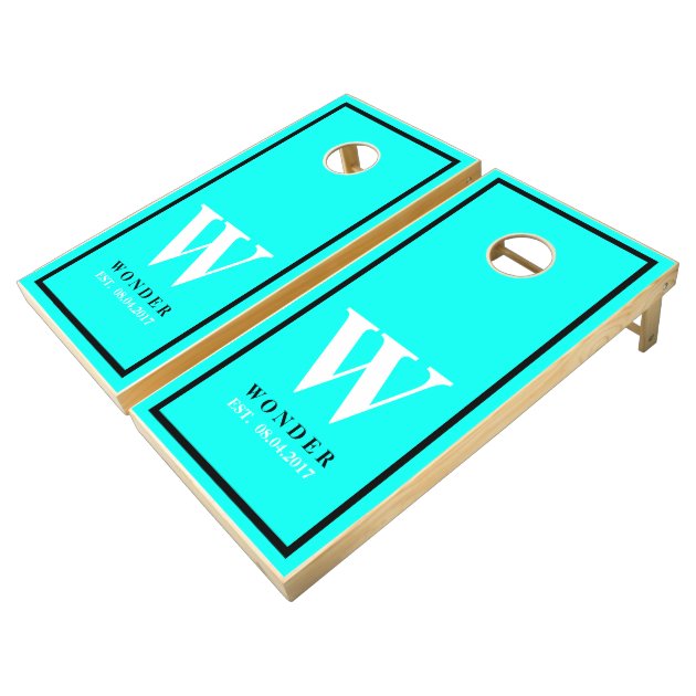 Wedding Newly Wed Monogram neon teal Cornhole Set