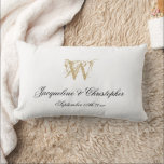 Wedding Newlywed Gift White Gold Monogram Keepsake Lumbar Pillow<br><div class="desc">Wedding Newlywed Gift White Gold Monogram Wedding Keepsake Lumbar Pillow. Personalized white and gold monogrammed lumbar pillow. Elegant chic script initial, names of the bride and groom and wedding date on a classic solid white background on the front and back of the pillow. Click personalize this template to customize it...</div>