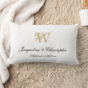 Wedding Newlywed Gift White Gold Monogram Keepsake Lumbar Pillow