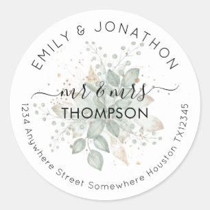 Wedding Newlywed Name Return Address Foliage Sage Classic Round Sticker
