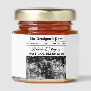 Wedding Newspaper Fun Black & White Photo Favor Honey Jar Favors