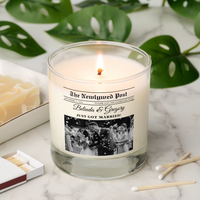 Wedding Newspaper Fun Black & White Photo Favor Scented Candle (Lit)