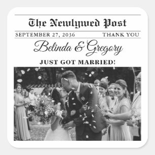 Wedding Newspaper Fun Black & White Photo Favor Square Sticker