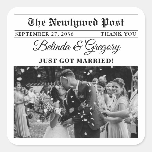Wedding Newspaper Fun Black & White Photo Favor Square Sticker (Front)