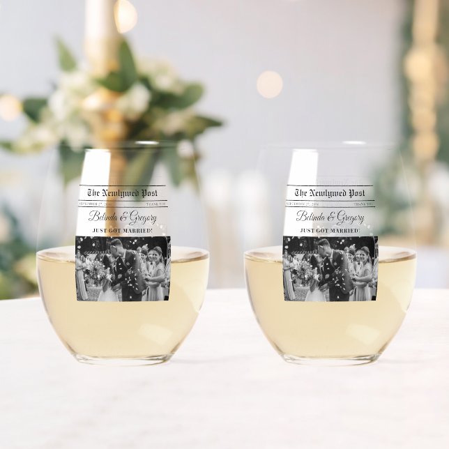 Wedding Newspaper Fun Black & White Photo Keepsake Stemless Wine Glass (Insitu (Wedding))