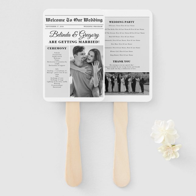 Wedding Newspaper Fun Black White Photo Program Hand Fan (Front and Back)