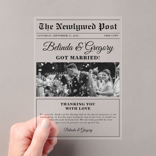 Wedding Newspaper Fun Black White Photo Thank You Acrylic Invitations (Insitu (Handheld))
