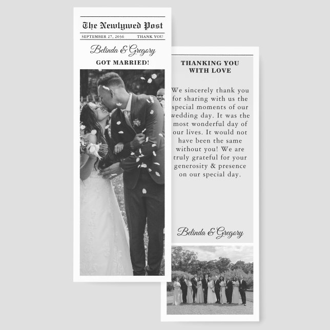 Wedding Newspaper Fun Black White Photo Thank You Bookmarks (Front & Back)