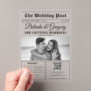 Wedding Newspaper Fun Black & White Photo Wedding  Acrylic Invitations