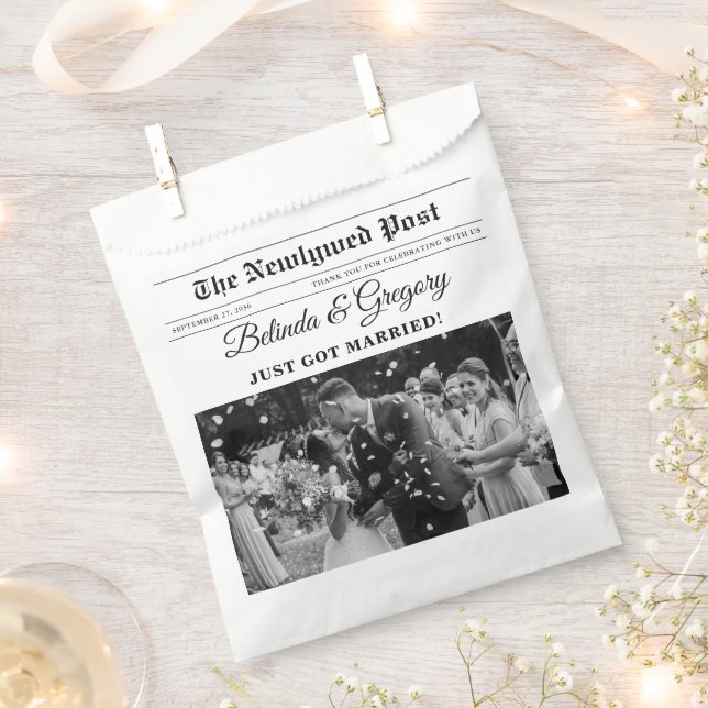 Wedding Newspaper Fun Black & White Photo Wedding  Favor Bag (Clipped)