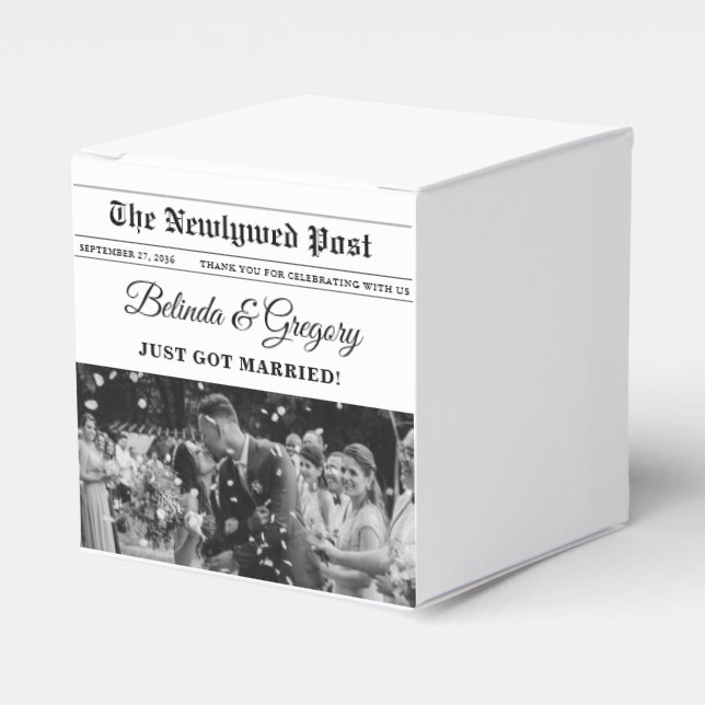 Wedding Newspaper Fun Black & White Photo Wedding  Favor Boxes (Front Side)