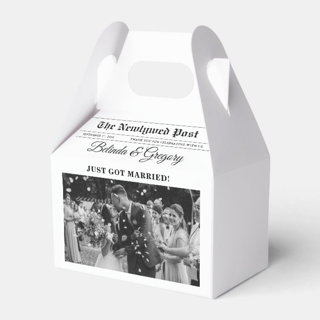 Wedding Newspaper Fun Black & White Photo Wedding  Favor Boxes (Front Side)
