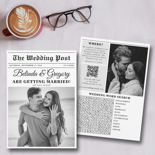 Wedding Newspaper Fun Black  White Photo Wedding  Invitation