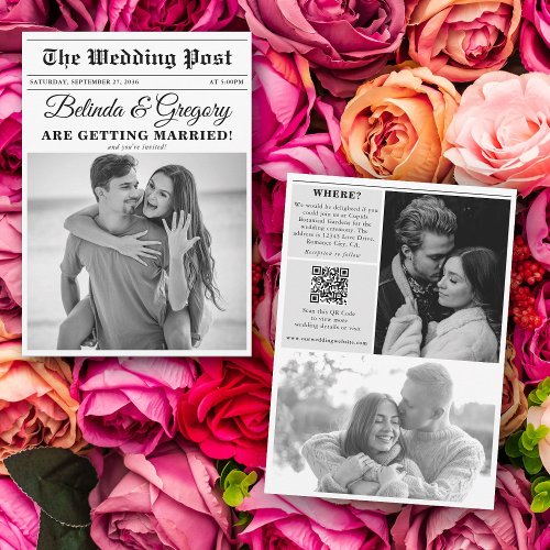 Wedding Newspaper Fun Black  White Photo Wedding  Invitation