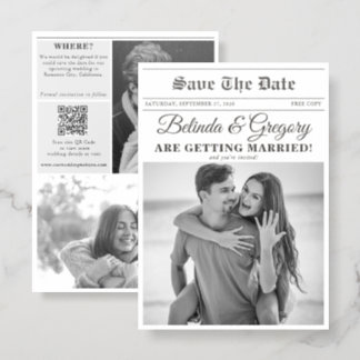 Wedding Newspaper Fun Black & White Photo Wedding  Letterpress Photo Cards