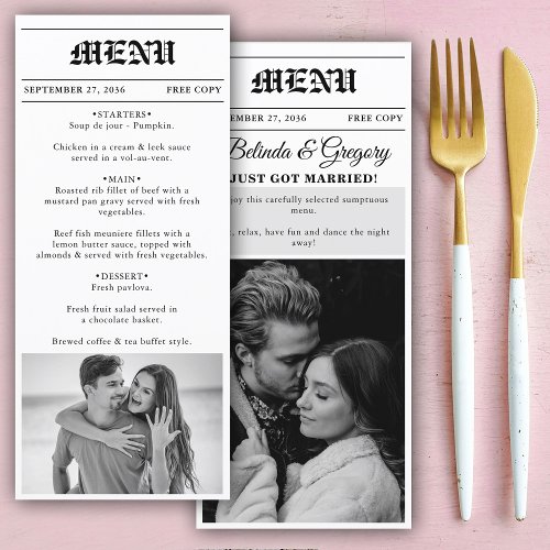 Wedding Newspaper Fun Black  White Photo Wedding  Menu