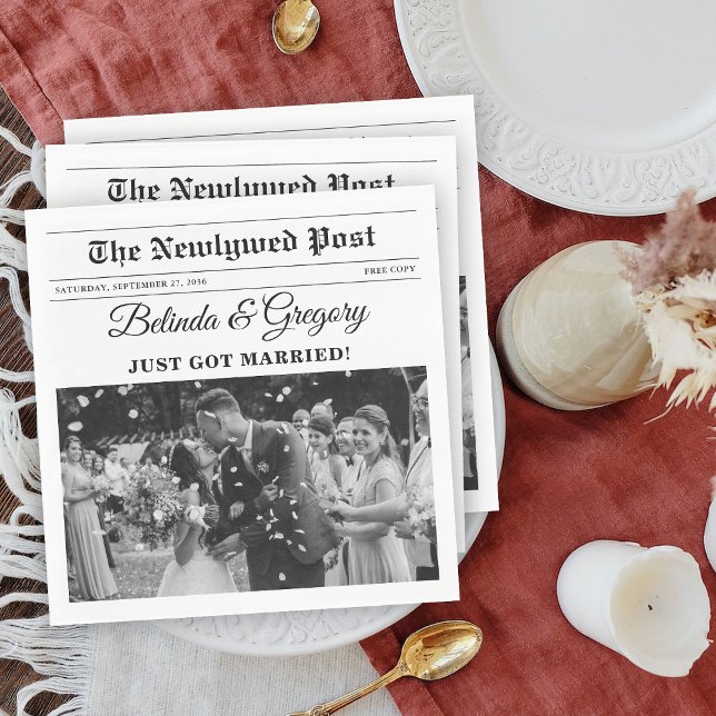 Wedding Newspaper Fun Black & White Photo Wedding  Napkins (Wedding Newspaper Fun Black & White Photo Wedding Napkins)