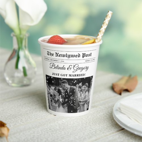 Wedding Newspaper Fun Black  White Photo Wedding  Paper Cups