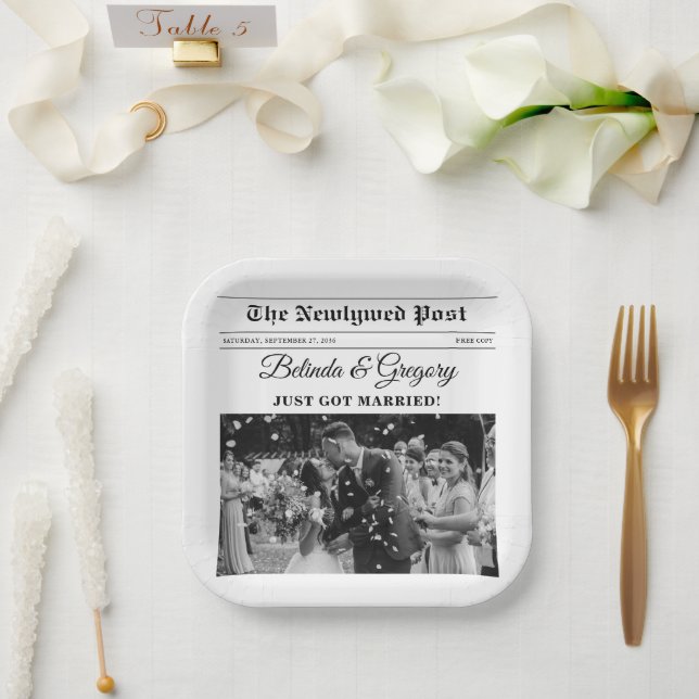 Wedding Newspaper Fun Black & White Photo Wedding  Paper Plates (Wedding)