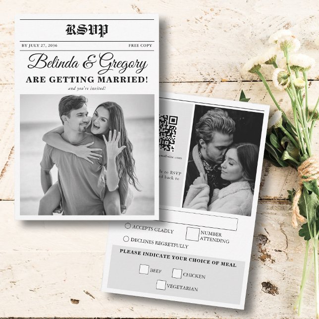 Wedding Newspaper Fun Black & White Photo Wedding  RSVP Card (Wedding Newspaper Fun Black & White Photo Wedding RSVP Card)