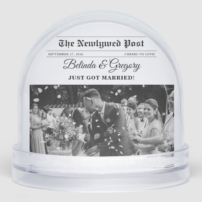 Wedding Newspaper Fun Black & White Photo Wedding  Snow Globe (Front)