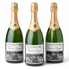 Wedding Newspaper Fun Black & White Photo Wedding  Sparkling Wine Label