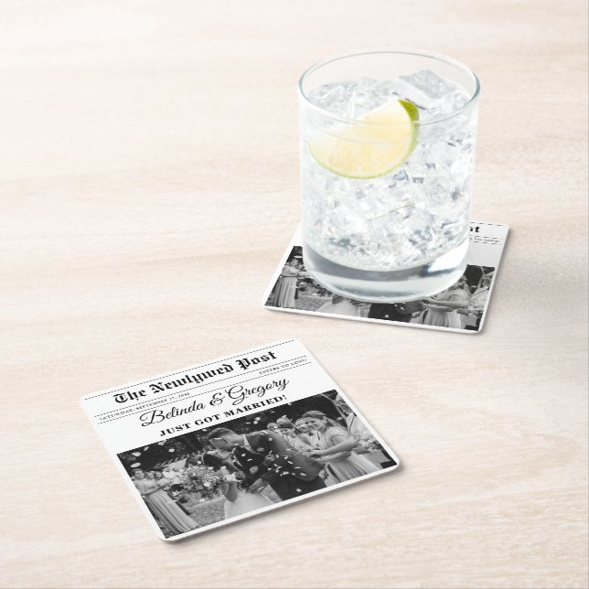 Wedding Newspaper Fun Black & White Photo Wedding  Square Paper Coaster (Insitu)