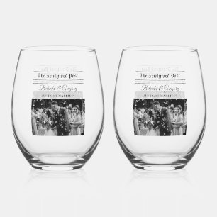 Wedding Newspaper Fun Black & White Photo Wedding Stemless Wine Glass