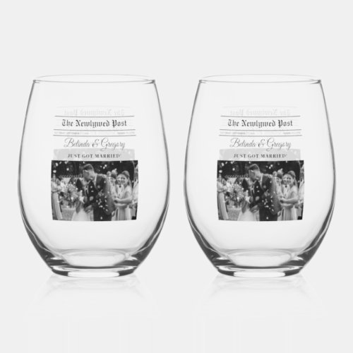 Wedding Newspaper Fun Black  White Photo Wedding  Stemless Wine Glass