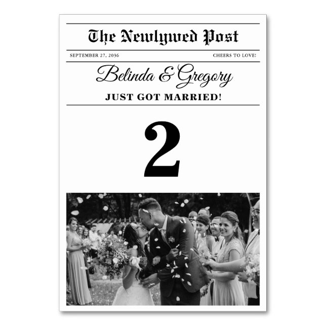 Wedding Newspaper Fun Black & White Photo Wedding  Table Number (Front)
