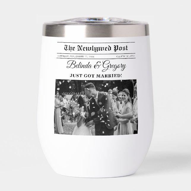 Wedding Newspaper Fun Black & White Photo Wedding  Thermal Wine Tumbler (Front)