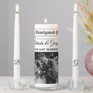 Wedding Newspaper Fun Black & White Photo Wedding Unity Candle Set