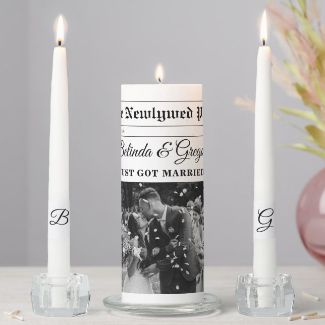 Wedding Newspaper Fun Black & White Photo Wedding  Unity Candle Set (In Situ)