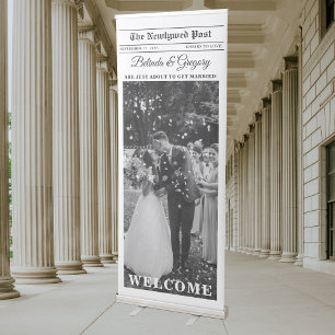Wedding Newspaper Fun Black & White Photo Welcome Retractable Banner