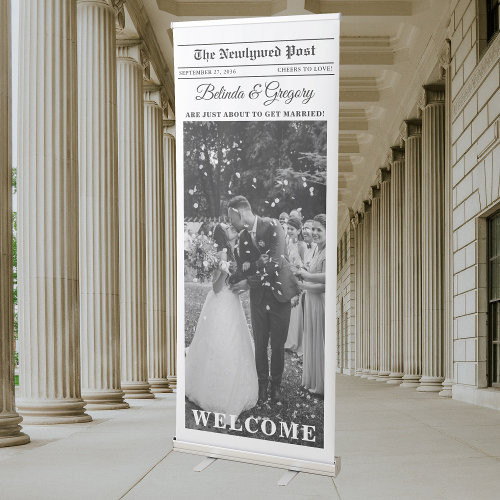 Wedding Newspaper Fun Black  White Photo Welcome Retractable Banner