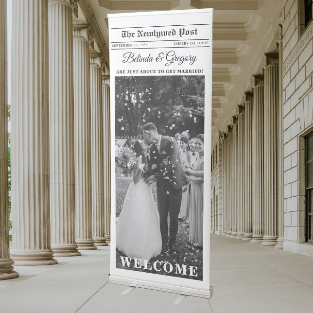 Wedding Newspaper Fun Black & White Photo Welcome Retractable Banner (Wedding Newspaper Fun Black & White Photo Welcome Retractable Banner)