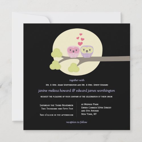 Wedding Night Owls Cute Illustration Invite