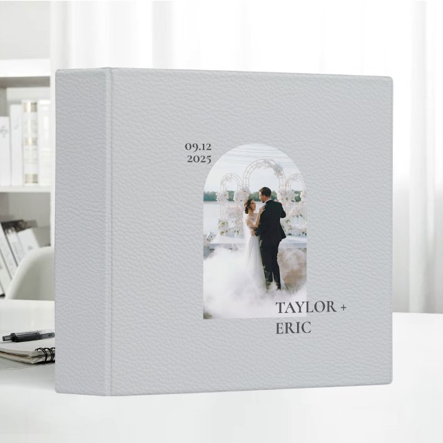 Wedding Notebook Simple Leather Custom Photo Text 3 Ring Binder (Creator Uploaded)