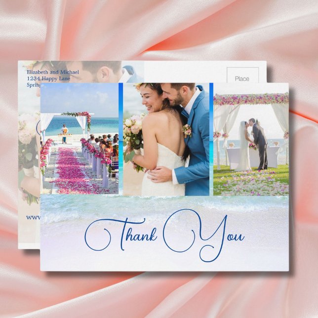 Wedding Ocean Beach Blue 3 Photo Elegant Thank You Postcard (Creator Uploaded)