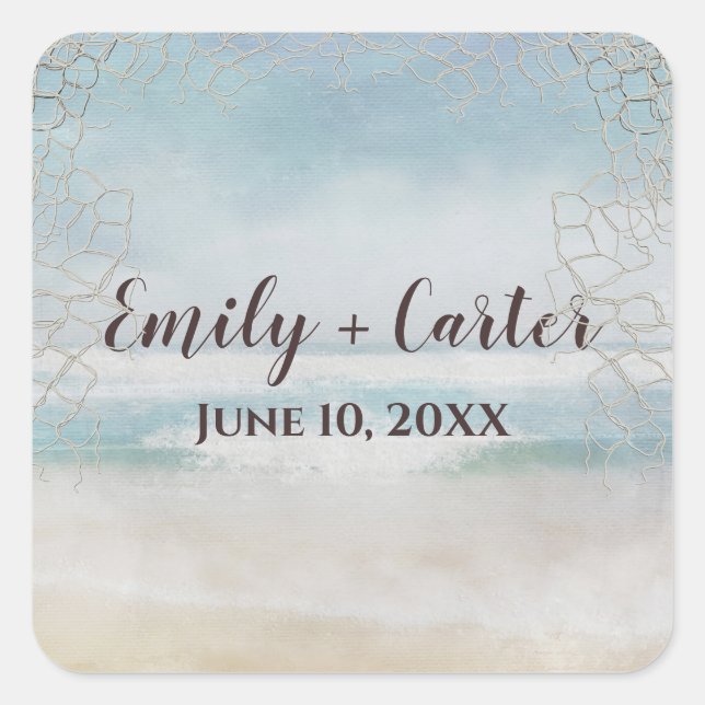 Wedding Ocean Beach With Net  Square Sticker (Front)