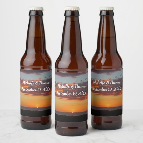 Wedding Ocean Sunset Bright Orange Sky Beach Beer Bottle Label