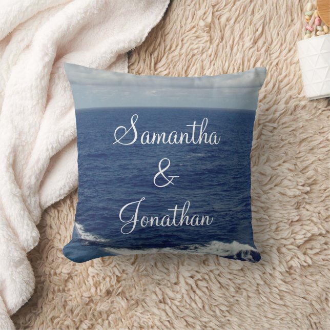 Wedding Ocean Waves Name Throw Pillow (Blanket)