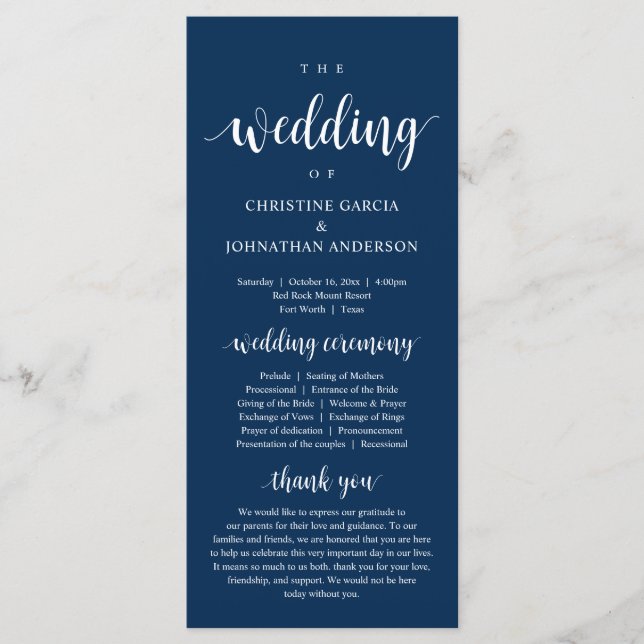 Wedding of, Modern Wedding Ceremony, Navy Blue Pro Program (Front)
