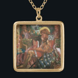 Wedding of St George, Princess Sabra by Rossetti Gold Plated Necklace<br><div class="desc">The Wedding of St. George and the Princess Sabra (1857) by Dante Rossetti is a vintage Victorian Pre-Raphaelite fine art love and romance portrait painting. A romantic medieval scene with Princess Sabra threading a lock of her hair through St George's helmet. A classic fairy tale with a knight in shining...</div>