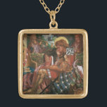 Wedding of St George, Princess Sabra by Rossetti Gold Plated Necklace<br><div class="desc">The Wedding of St. George and the Princess Sabra (1857) by Dante Rossetti is a vintage Victorian Pre-Raphaelite fine art love and romance portrait painting. A romantic medieval scene with Princess Sabra threading a lock of her hair through St George's helmet. A classic fairy tale with a knight in shining...</div>