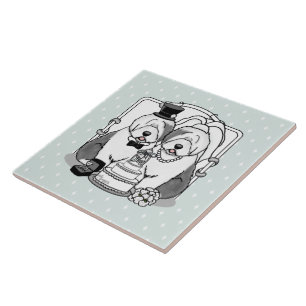 Wedding Old English Sheepdogs Bride Groom Gray 1 Ceramic Tile
