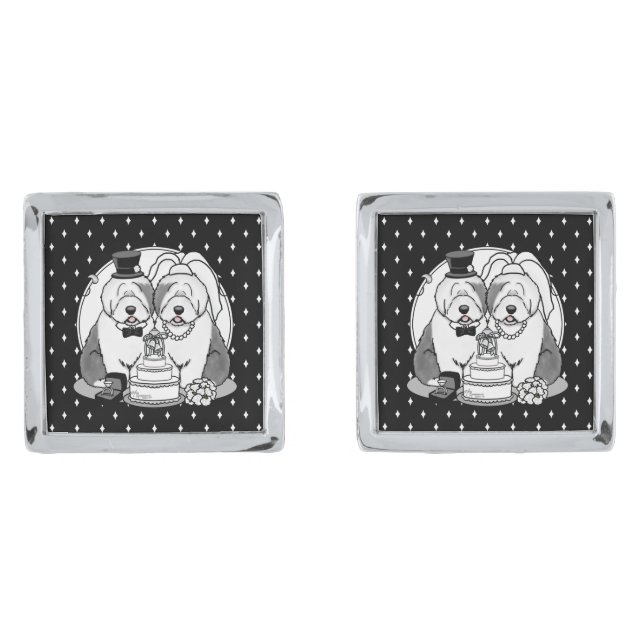 Wedding Old English Sheepdogs Bride Groom Gray 1 Cufflinks (Front)